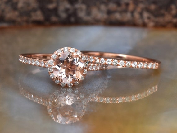 Halo Morganite Wedding Ring Set-diamond Engagement Ring Vintage-morganite Engagement Ring Rose Gold-halo Wedding Set-diamond Matching Band Halo Morganite Wedding Ring Set-diamond Engagement Ring Vintage-morganite Engagement Ring Rose Gold-halo Wedding Set-diamond Matching Band