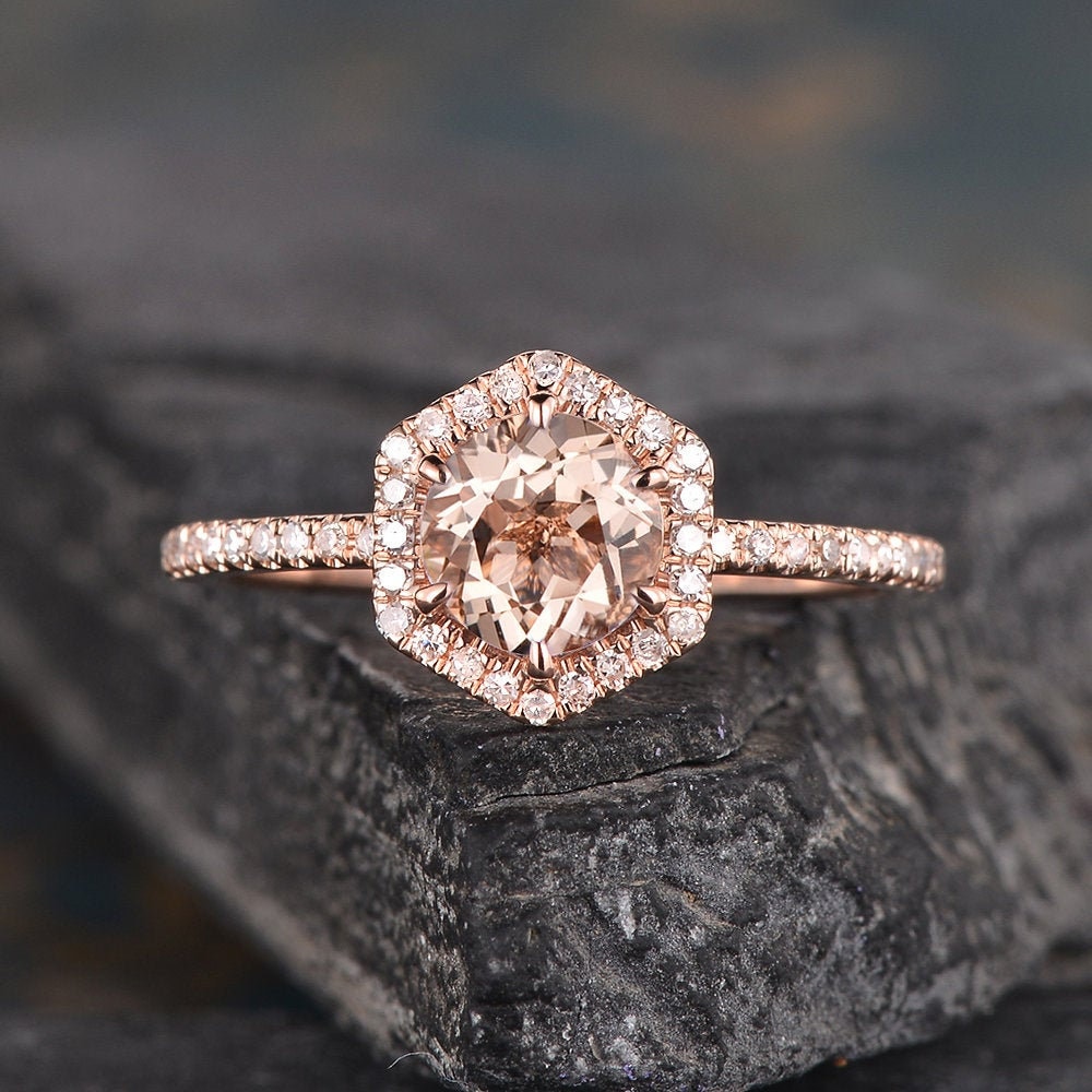 Hexagon Cut Morganite Engagement Ring Rose Gold Morganite Bridal Ring Halo Diamond Half Eternity Ring Unique Solitaire Bridal Wedding Ring Hexagon Cut Morganite Engagement Ring Rose Gold Morganite Bridal Ring Halo Diamond Half Eternity Ring Unique Solitaire Bridal Wedding Ring