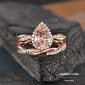 Infinity Morganite Engagement Ring Set Rose Gold Bridal Set Wedding Halo Diamond Half Eternity Band Women Tear Drop 2 Rings Set Anniversary Infinity Morganite Engagement Ring Set Rose Gold Bridal Set Wedding Halo Diamond Half Eternity Band Women Tear Drop 2 Rings Set Anniversary