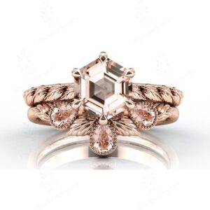 Nature Inspire Peach Morganite Engagement Ring Set For Women 14K Gold Morganite 2 Pcs Wedding Ring Set Art Deco Leaf Style Ring Set For Her