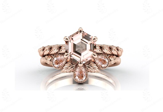 Nature Inspire Peach Morganite Engagement Ring Set For Women 14k Gold Morganite 2 Pcs Wedding Ring Set Art Deco Leaf Style Ring Set For Her Nature Inspire Peach Morganite Engagement Ring Set For Women 14k Gold Morganite 2 Pcs Wedding Ring Set Art Deco Leaf Style Ring Set For Her