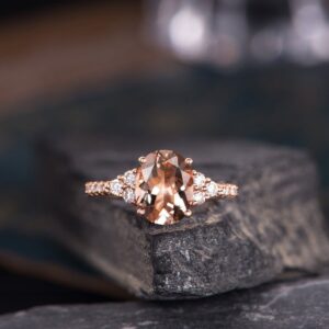 Oval Cut Morganite Engagement Ring Rose Gold Solitaire Cluster Diamond Women Bridal Anniversary Pave Handmade Ring Half Eternity