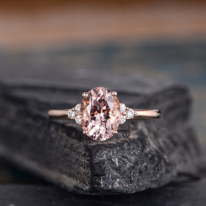 Oval Cut Morganite Engagement Ring Rose Gold Solitaire Cluster Diamond Women Bridal Anniversary Pave Handmade Ring Half Eternity