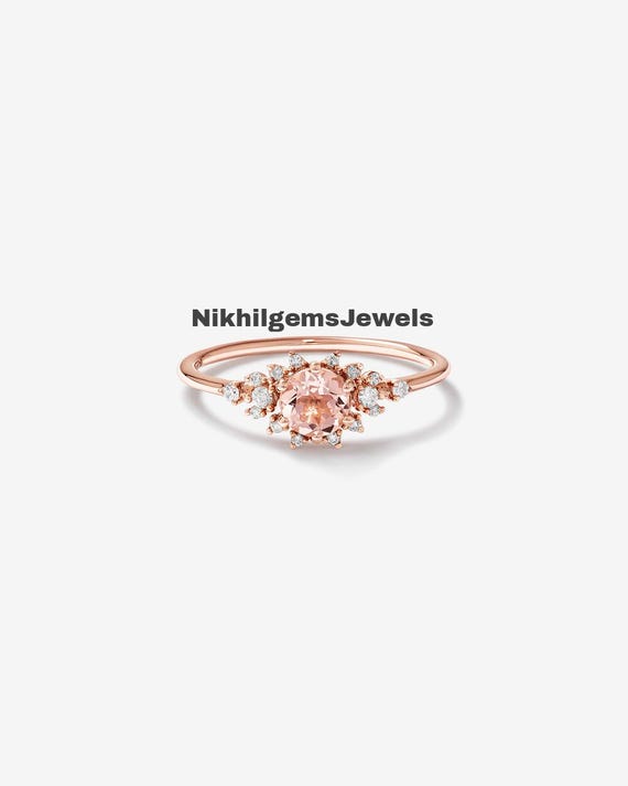 Oval Morganite Diamond Halo Ring: Rose Gold Sterling Silver Engagement Oval Morganite Diamond Halo Ring: Rose Gold Sterling Silver Engagement