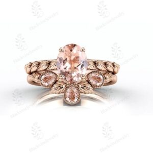 Peach Morganite Engagement Ring Set For Women 925 Sterling Silver 2 Piece Ring Set Art Deco Leaf Design Ring Set Unique Promise Ring Set Peach Morganite Engagement Ring Set For Women 925 Sterling Silver 2 Piece Ring Set Art Deco Leaf Design Ring Set Unique Promise Ring Set