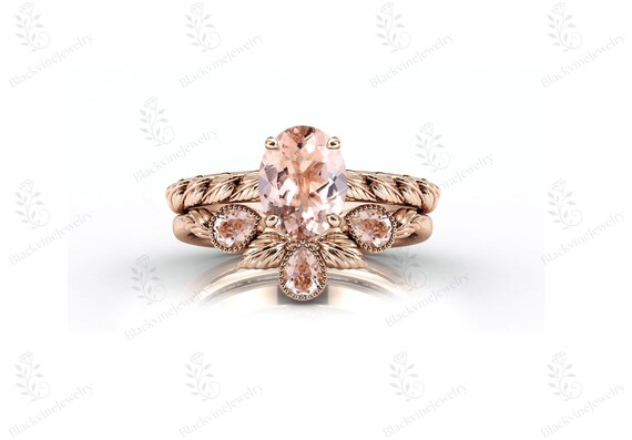 Peach Morganite Engagement Ring Set For Women 925 Sterling Silver 2 Piece Ring Set Art Deco Leaf Design Ring Set Unique Promise Ring Set