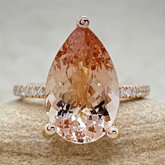 Pear Cut Morganite Engagement Ring With Diamond 4 Prong Shank And Halo, Lifetime Care Plan Included; Genuine Gems And Diamonds Ls5725