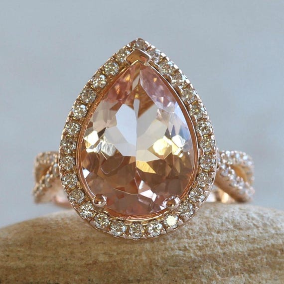 Pear Cut Filigree Ring, Morganite, Diamond Halo Twisted Shank Filigree, Lifetime Care Plan Included, Genuine Gems And Diamonds - Ls5310