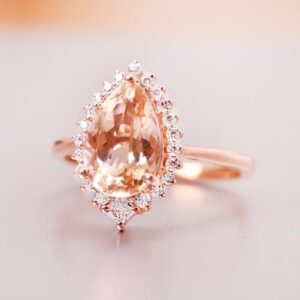 Pear Cut Morganite Halo Engagement Ring, 14K Gold, Anniversary Gift Pear Cut Morganite Halo Engagement Ring, 14K Gold, Anniversary Gift