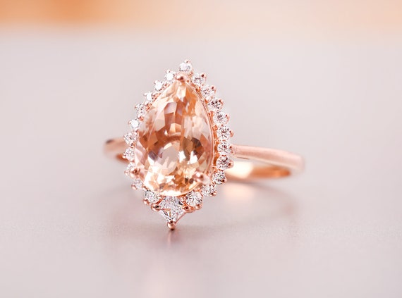 Pear Cut Morganite Halo Engagement Ring, 14k Gold, Anniversary Gift Pear Cut Morganite Halo Engagement Ring, 14k Gold, Anniversary Gift