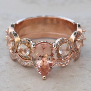 Pear Morganite Halo Bridal Set With Contoured Diamond Wedding Band, Lifetime Care Plan Included, Genuine Gems And Diamonds Ls6746 Pear Morganite Halo Bridal Set With Contoured Diamond Wedding Band, Lifetime Care Plan Included, Genuine Gems And Diamonds Ls6746