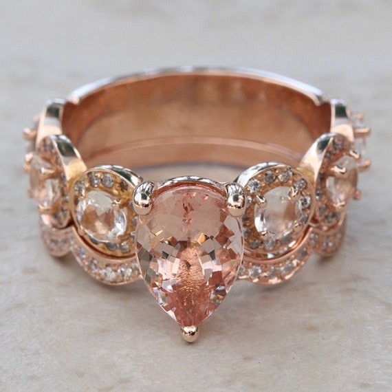 Pear Morganite Halo Bridal Set With Contoured Diamond Wedding Band, Lifetime Care Plan Included, Genuine Gems And Diamonds Ls6746 Pear Morganite Halo Bridal Set With Contoured Diamond Wedding Band, Lifetime Care Plan Included, Genuine Gems And Diamonds Ls6746