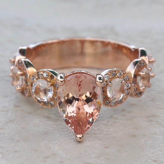 Pear Morganite Halo Engagement Ring With Diamonds And Round Morganites, Lifetime Care Plan Included, Genuine Gems And Diamonds Ls5985