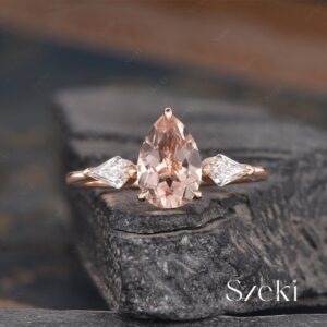 Pear Shaped Morganite Ring Engagement Ring Rose Gold Three Stone Ring Kite Moissanite Side Stone Peachy Morganite Ring Women 14k Gold Ring Pear Shaped Morganite Ring Engagement Ring Rose Gold Three Stone Ring Kite Moissanite Side Stone Peachy Morganite Ring Women 14k Gold Ring