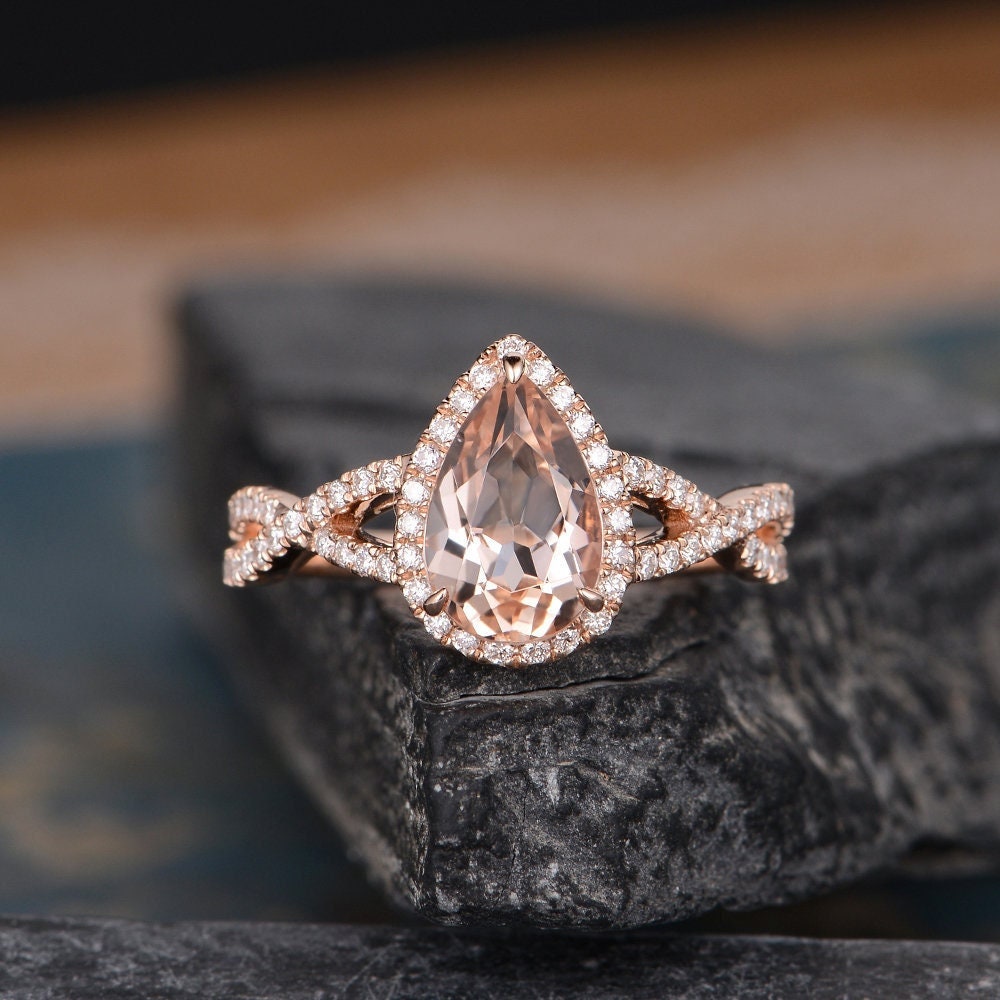 Pear Shaped Morganite Engagement Ring Rose Gold Natural Diamond Halo Infinity Band Split Shank 6x9mm Half Eternity Anniversary Gift For Her Pear Shaped Morganite Engagement Ring Rose Gold Natural Diamond Halo Infinity Band Split Shank 6x9mm Half Eternity Anniversary Gift For Her