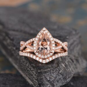Pear Shaped Morganite Engagement Ring Set Rose Gold Natural Diamond Halo Bridal Set 2pcs Infinity Band Split Shank 6X9mm Half Eternity
