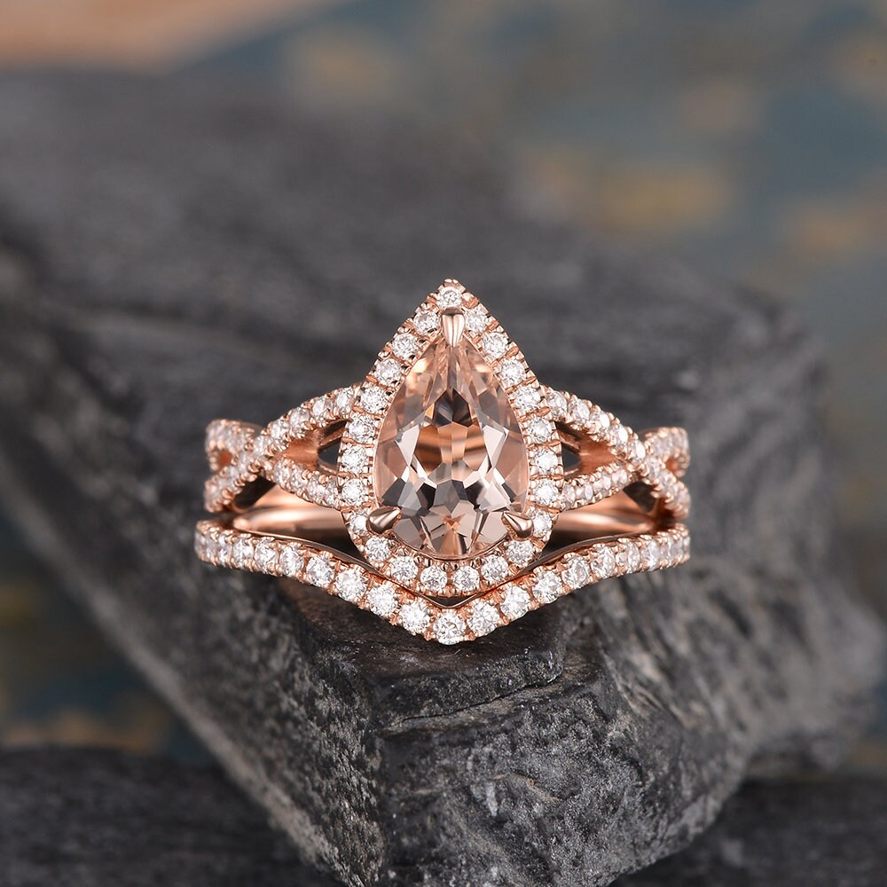Pear Shaped Morganite Engagement Ring Set Rose Gold Natural Diamond Halo Bridal Set 2pcs Infinity Band Split Shank 6x9mm Half Eternity Pear Shaped Morganite Engagement Ring Set Rose Gold Natural Diamond Halo Bridal Set 2pcs Infinity Band Split Shank 6x9mm Half Eternity