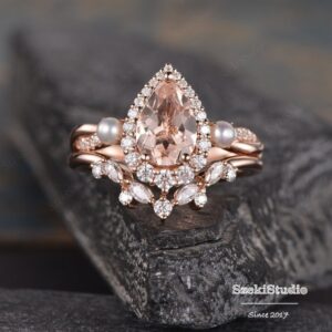 Pear Shaped Morganite Engagement Ring Set Rose Gold Wedding Ring Set Cluster 1.6ct Vintage Peachy Morganite Ring Women Halo Diamond Ring Pear Shaped Morganite Engagement Ring Set Rose Gold Wedding Ring Set Cluster 1.6ct Vintage Peachy Morganite Ring Women Halo Diamond Ring