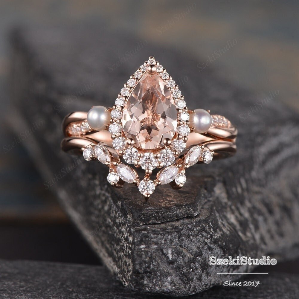 Pear Shaped Morganite Engagement Ring Set Rose Gold Wedding Ring Set Cluster 1.6ct Vintage Peachy Morganite Ring Women Halo Diamond Ring