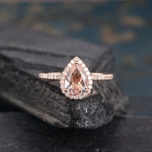 Pear Shaped Morganite Ring Rose Gold Engagement Ring Wedding Halo Diamond Half Eternity Band Women Tear Drop Anniversary Gift