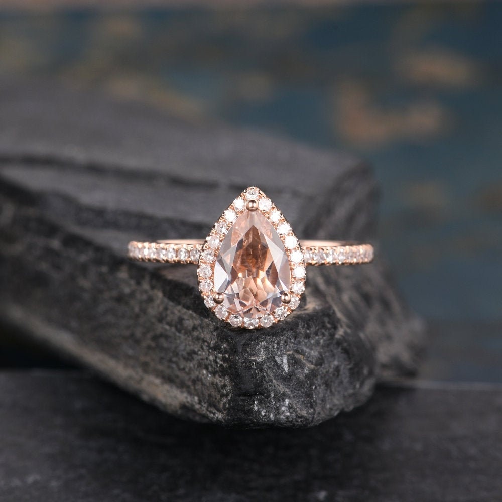 Pear Shaped Morganite Ring Rose Gold Engagement Ring Wedding Halo Diamond Half Eternity Band Women Tear Drop Anniversary Gift Pear Shaped Morganite Ring Rose Gold Engagement Ring Wedding Halo Diamond Half Eternity Band Women Tear Drop Anniversary Gift