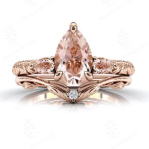 Pear Shaped Morganite Wedding Ring Set For Women Vintage Morganite Bridal Anniversary Ring Set 14K Gold Morganite 2 Pcs Engagement Ring Set Pear Shaped Morganite Wedding Ring Set For Women Vintage Morganite Bridal Anniversary Ring Set 14K Gold Morganite 2 Pcs Engagement Ring Set