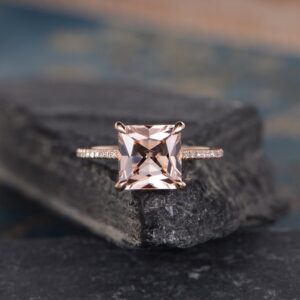 Princess Cut Morganite Engagement Ring Solitaire Diamond Bottom 8mm Half Eternity Wedding Ring Anniversary Gift For Women Antique