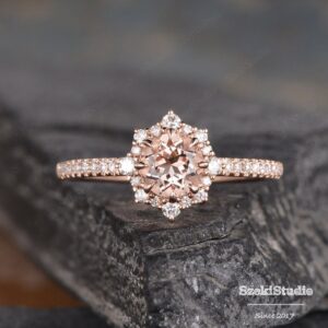 Rose Gold Morganite Engagement Ring Diamond Halo Antique Ring Round Cut Half Eternity Promise Ring Women Bridal Wedding Valentines Gift Gift