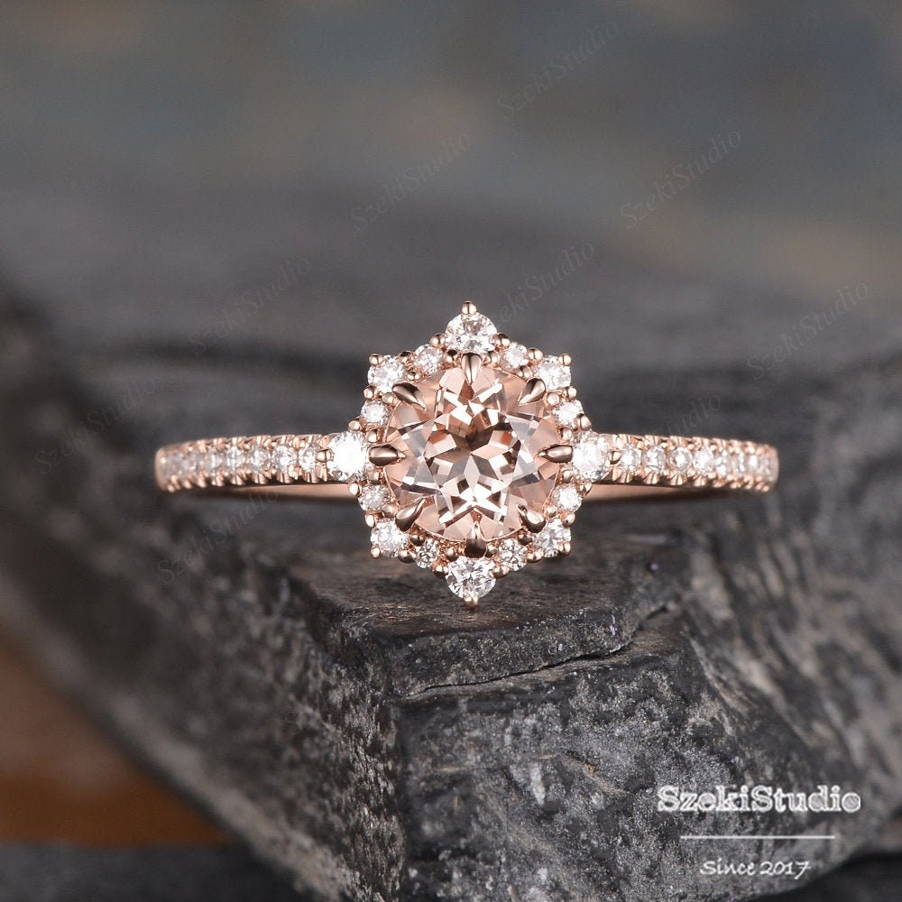 Rose Gold Morganite Engagement Ring Diamond Halo Antique Ring Round Cut Half Eternity Promise Ring Women Bridal Wedding Valentines Gift Gift