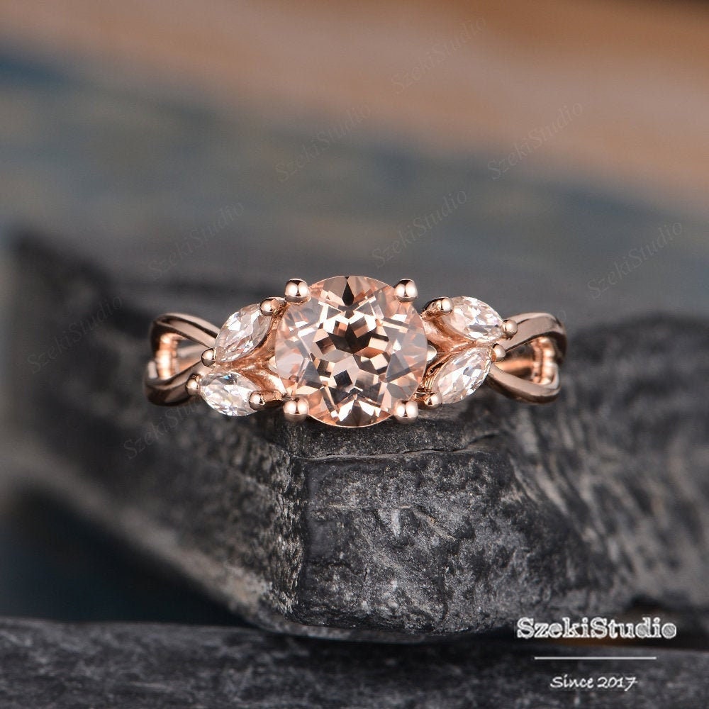 Rose Gold Engagement Ring Morganite Ring Marquise Moissanite Leaf Ring Vine Floral Flower Infinity Split Shank Band Bridal Anniversary Women