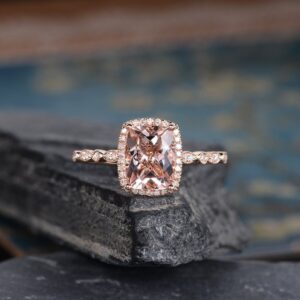 Rose Gold Morganite Engagement Ring Cushion Cut Diamond Halo Art Deco Band Bridal Wedding Ring Women Milgrain Anniversary Gift For Her