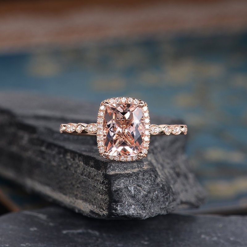 Rose Gold Morganite Engagement Ring Cushion Cut Diamond Halo Art Deco Band Bridal Wedding Ring Women Milgrain Anniversary Gift For Her Rose Gold Morganite Engagement Ring Cushion Cut Diamond Halo Art Deco Band Bridal Wedding Ring Women Milgrain Anniversary Gift For Her