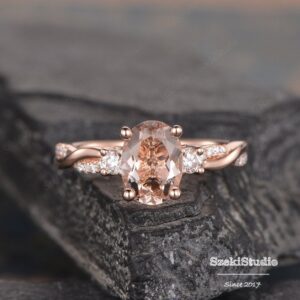 Rose Gold Morganite Engagement Ring Oval Morganite Infinity Three Stone Moissanite Twist Diamond Half Eternity Ring Bridal Women Promise