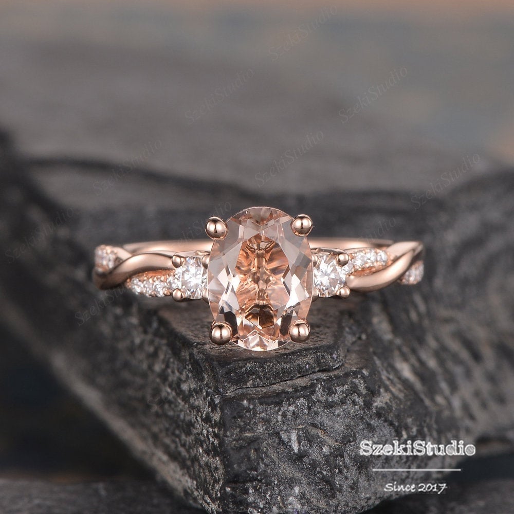 Rose Gold Morganite Engagement Ring Oval Morganite Infinity Three Stone Moissanite Twist Diamond Half Eternity Ring Bridal Women Promise Rose Gold Morganite Engagement Ring Oval Morganite Infinity Three Stone Moissanite Twist Diamond Half Eternity Ring Bridal Women Promise