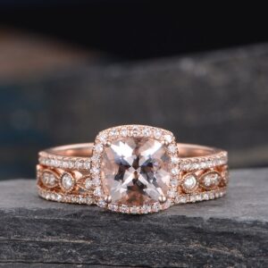 Rose Gold Engagement Ring Set Morganite Bridal Set Halo Cushion Cut Ring Art Deco Eternity Wedding Band Anniversary Gift For Women Marquise