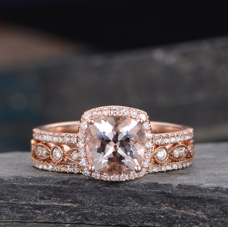 Rose Gold Engagement Ring Set Morganite Bridal Set Halo Cushion Cut Ring Art Deco Eternity Wedding Band Anniversary Gift For Women Marquise Rose Gold Engagement Ring Set Morganite Bridal Set Halo Cushion Cut Ring Art Deco Eternity Wedding Band Anniversary Gift For Women Marquise