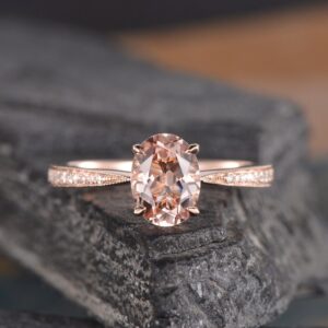 Rose Gold Engagement Ring Oval Cut Morganite Ring Milgrain Diamond Band Half Eternity 6X8mm Peachy Bridal Wedding Ring Women Anniversary
