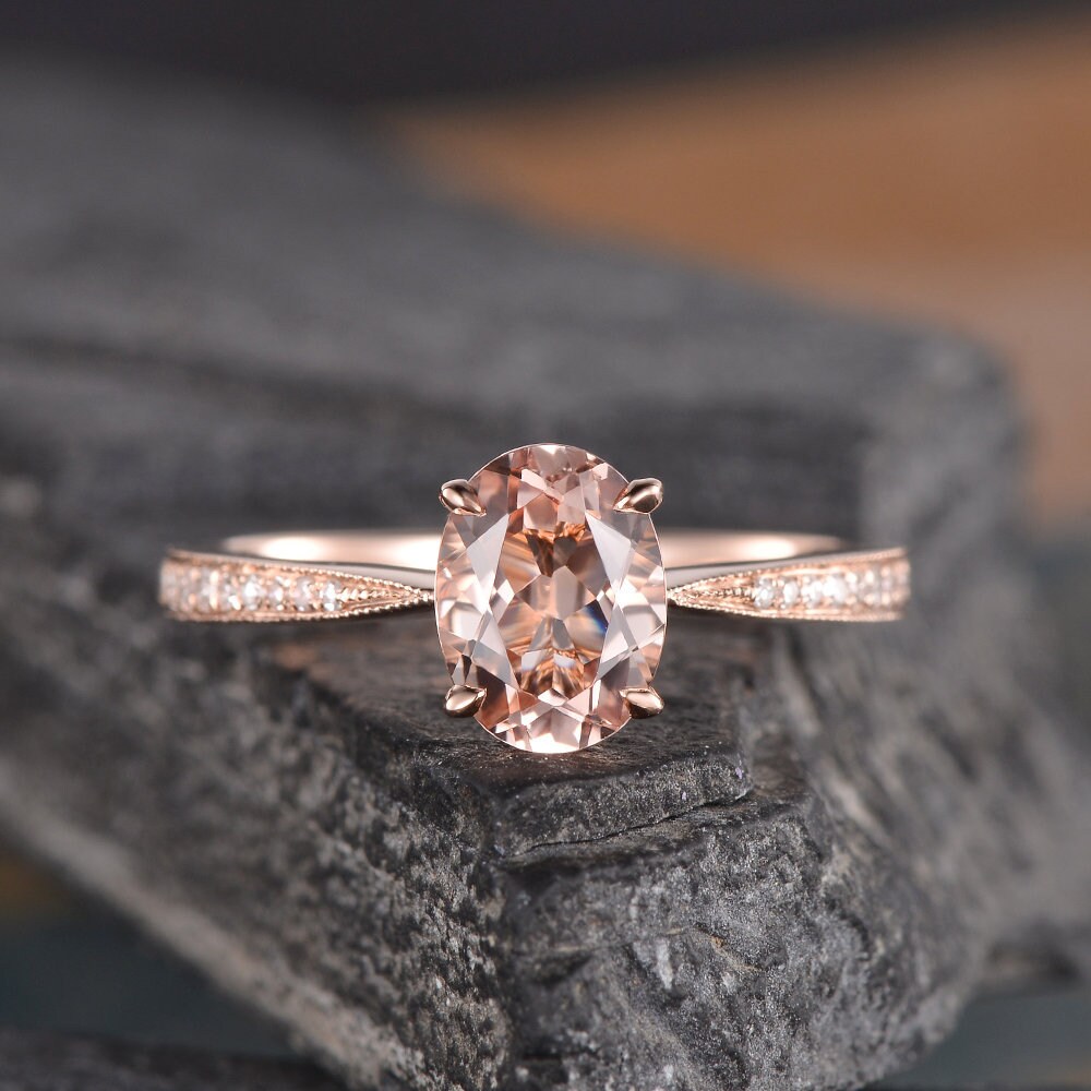 Rose Gold Engagement Ring Oval Cut Morganite Ring Milgrain Diamond Band Half Eternity 6x8mm Peachy Bridal Wedding Ring Women Anniversary