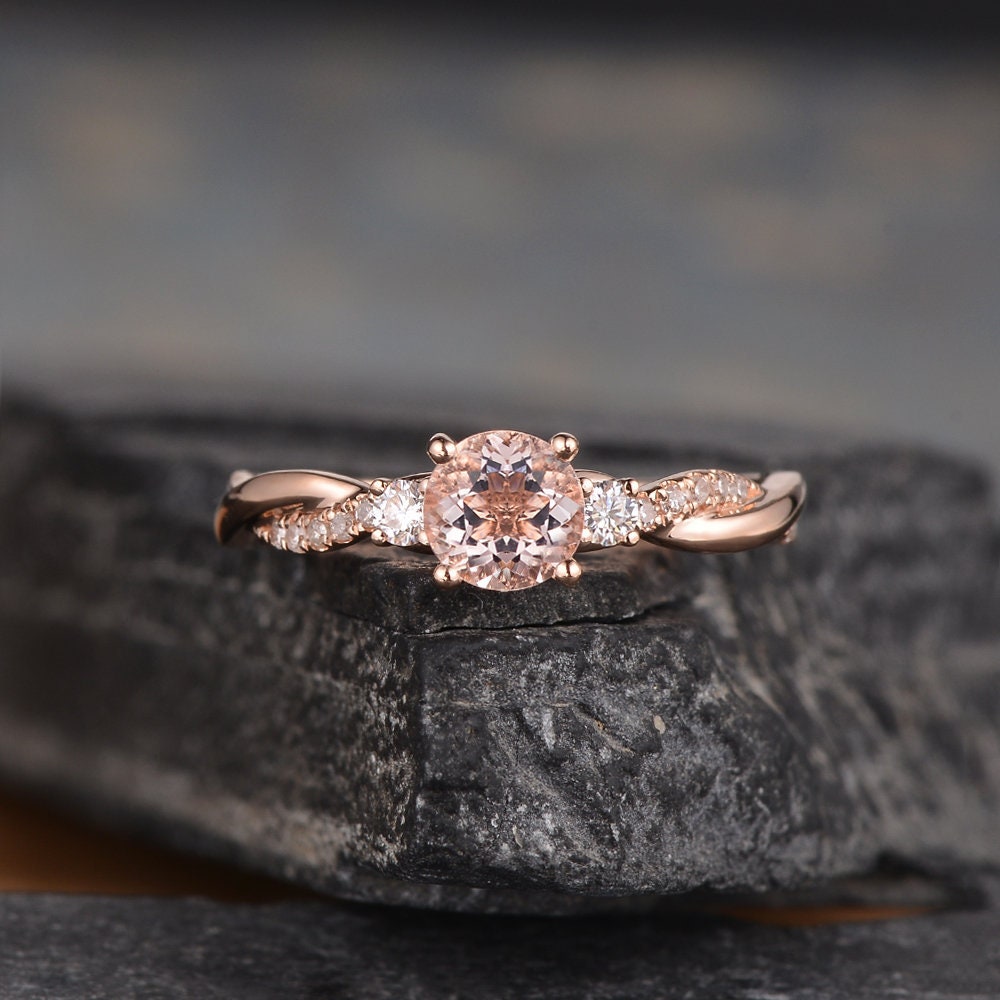 Rose Gold Morganite Engagement Ring Twist Three Stone Moissanite Infinity Diamond Half Eternity Ring Bridal Women Promise Ring Anniversary