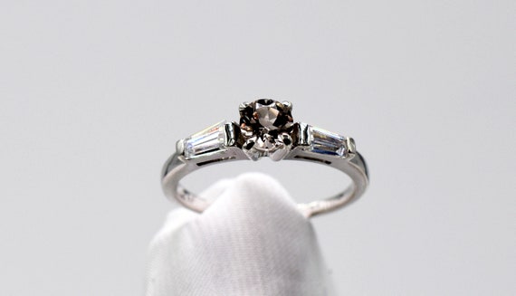 Morganite Ring, Round Faceted 5mm, Faceted Pink Genuine Gemstone, Pink Beryl Ring, Baggett's Each Side, Set In 925 Sterling Silver Mounting