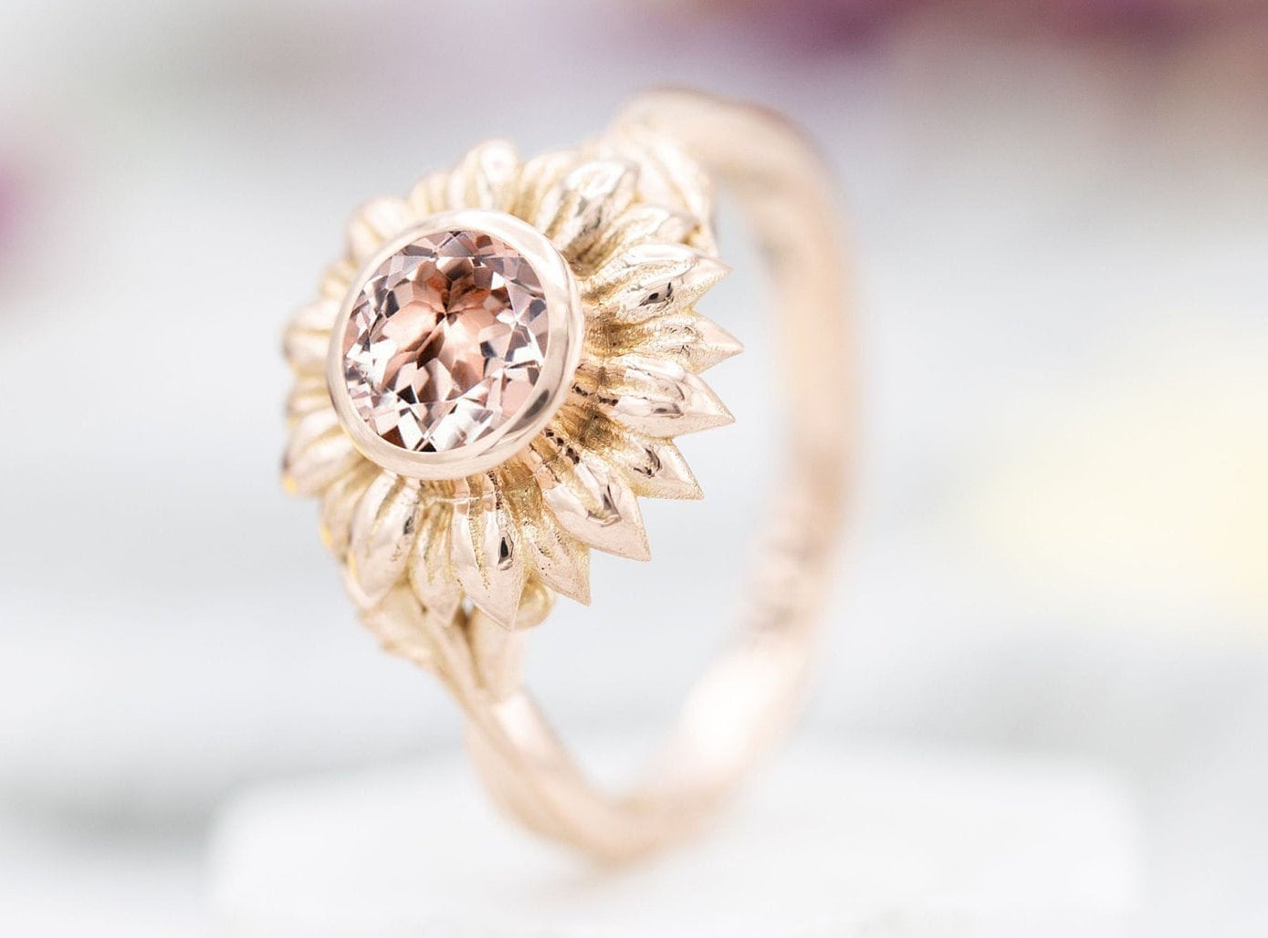 Sunflower Morganite Engagement Ring Art Deco Peach Morganite Wedding Ring 14k Gold Vintage Floral Bridal Promise Ring Unique Promise Ring