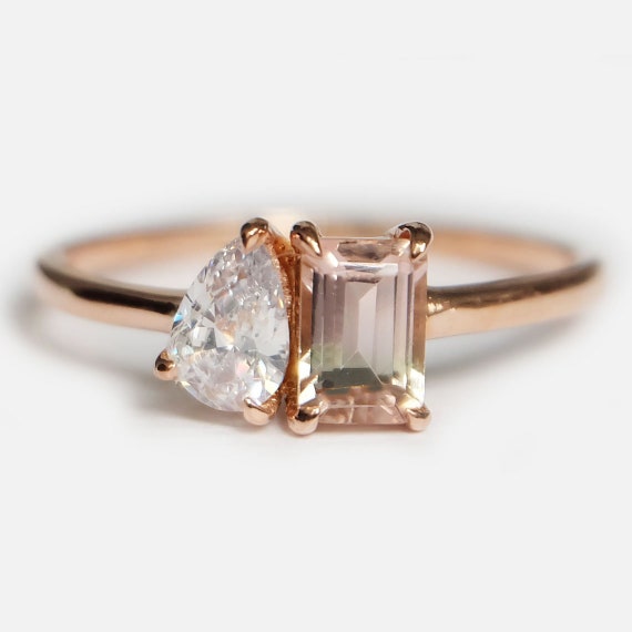 Toi Et Moi Morganite And Moissanite Ring, Morganite Ring, Pear And Emerald Cut Engagement Ring, Two Stone Ring, Moissanite Ring, Engagement