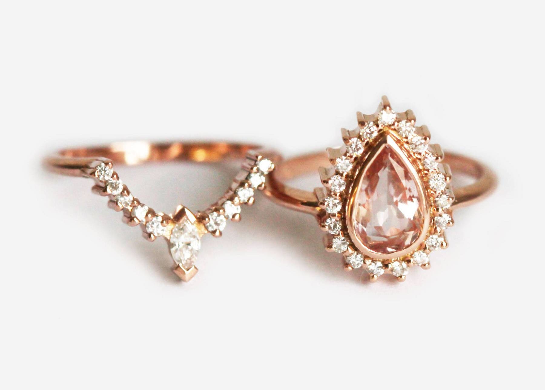 Unique Halo Morganite Engagement Ring Set 14k Rose Gold Morganite Halo Wedding Ring Set Morganite Wedding Ring Set Women Bridal Ring Set Unique Halo Morganite Engagement Ring Set 14k Rose Gold Morganite Halo Wedding Ring Set Morganite Wedding Ring Set Women Bridal Ring Set