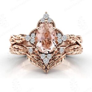 Unique Morganite Wedding Ring Set For Women Vintage Nature Inspired Bridal Ring Set 925 Silver Morganite Leaf Design Ring Set Gift For Women Unique Morganite Wedding Ring Set For Women Vintage Nature Inspired Bridal Ring Set 925 Silver Morganite Leaf Design Ring Set Gift For Women