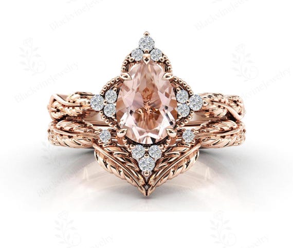 Unique Morganite Wedding Ring Set For Women Vintage Nature Inspired Bridal Ring Set 925 Silver Morganite Leaf Design Ring Set Gift For Women Unique Morganite Wedding Ring Set For Women Vintage Nature Inspired Bridal Ring Set 925 Silver Morganite Leaf Design Ring Set Gift For Women