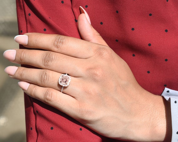 Vintage Cushion Morganite Bridal Ring, 14k Gold Engagement Ring