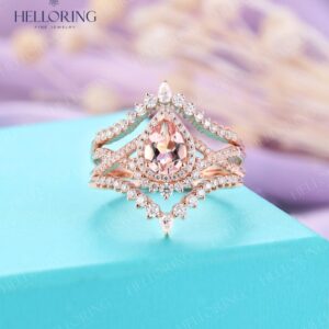 Vintage Morganite Engagement Ring Set, Diamond / Moissanite Halo Ring, Rose Gold Bridal Ring, Twisted Band Ring, Custom Curved Wedding Band
