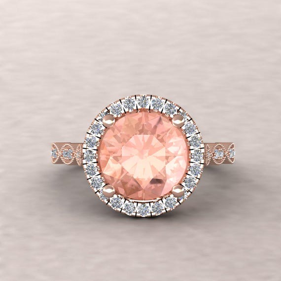 Vintage Round Halo Ring, Genuine Morganite, Cathedral Marquise Shank, Lifetime Care Plan Included, Genuine Gems And Diamonds Ls5646