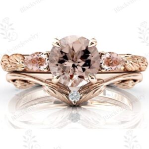 Vintage Vine Leaf Style Morganite Wedding Ring Set Art Deco Morganite Engagement Ring Set 14k Gold Morganite Unique Nature Inspired Ring Set Vintage Vine Leaf Style Morganite Wedding Ring Set Art Deco Morganite Engagement Ring Set 14k Gold Morganite Unique Nature Inspired Ring Set
