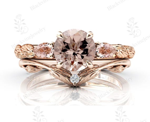 Vintage Vine Leaf Style Morganite Wedding Ring Set Art Deco Morganite Engagement Ring Set 14k Gold Morganite Unique Nature Inspired Ring Set Vintage Vine Leaf Style Morganite Wedding Ring Set Art Deco Morganite Engagement Ring Set 14k Gold Morganite Unique Nature Inspired Ring Set